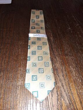 New Galo Cossinni Silk Handmade Mens Dress Neck Tie Tan Teal NWT